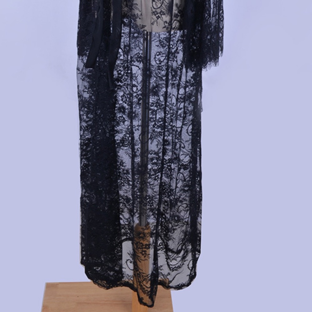 LONG SLEEVE LACE MAXI KIMONO COVERUP CARDIGAN BLK - Picture 8 of 9